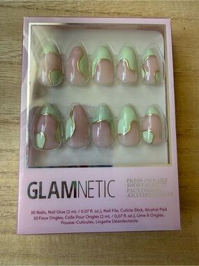 Glamnetic Short Almond Press-On Nails in Pink and Mint with Gold Trim